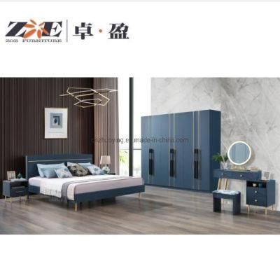Modern Design Light Luxury MDF King Size Bed Home Bedroom Furniture Sets with Gold Metal Decoration