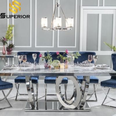 Rectangle Grey Marble Dining Table with Metal Frame for Home