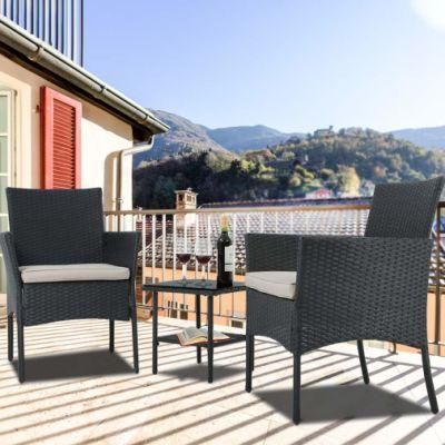 Outdoor Furniture Patio Sofa Set Wicker Rattan Sectional 3PCS Garden Conversation Set with Cushion and Tempered Glass Tabletop for Yard