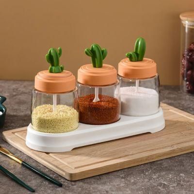 Cactus Spices Box Pepper Spice Shaker Salt Seasoning Organizer Kitchen Condiment Bottle Jars Container with Spoons Box Rack