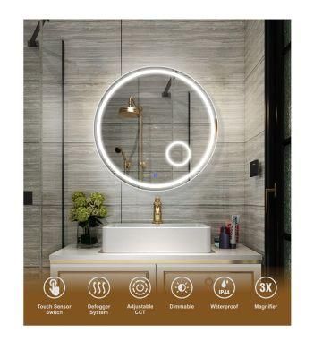 Hotel Villa Washroom Anti-Fog Single Double Switch Bath LED Mirrors Round with Time Clock Display