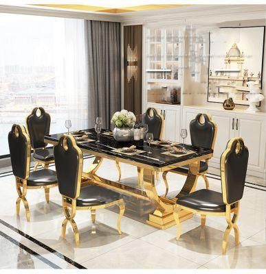 Hot Selling European Marble Rectangle Dining Table with Gold Chrome Stainless Steel Legs