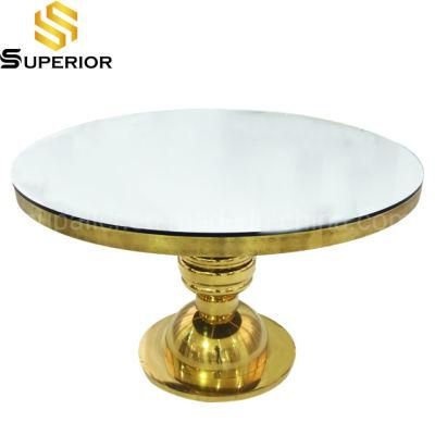 European Style Round Mirror Glass Top Dinner Table Of Metal Base