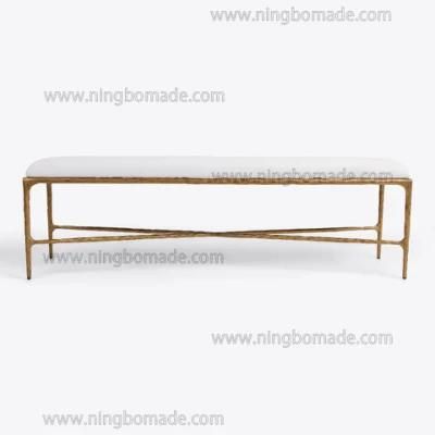 Rustic Hand Hammered Collection Furniture Forged Solid Iron Metal with Brass Color White Line Bed End Stool