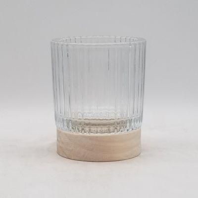 Glass Candle Holder with Variuos Pattern with Wood at The Bottom