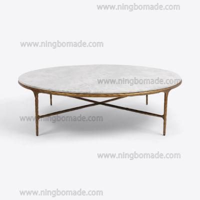 Rustic Hand Hammered Collection Furniture Forged Solid Iron Metal with Brass Color Thick White Marble Round Coffee Table