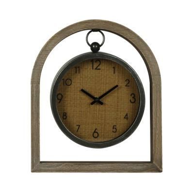 MDF Table Clock with Metal Circle Frame, Ratten Paper Face Design Desk Clock