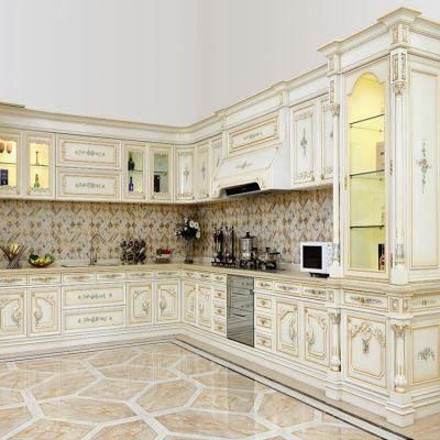 Customized Size High Quality Wood Cabinets Design European French Style Luxury White Antique Kitchen Cabinet Set