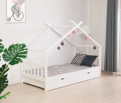 Wooden Kids House Bed Frame, Solid Pine Wood Tree House Style Kids Floor Bed Frame for Toddlers and Children with Drawers
