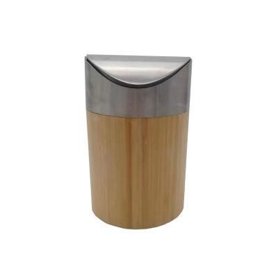Bamboo Wood Desktop Trash Can with Rolling Cover Small Dustbin
