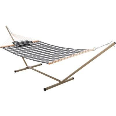 Single Quilted Hammock with Space Saving Stand and Pillow Combo Black White Grid