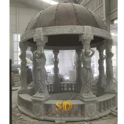 European Style Hand Carving White Marble Gazebo Marble Pavillion with Top Dome for Garden Decoration